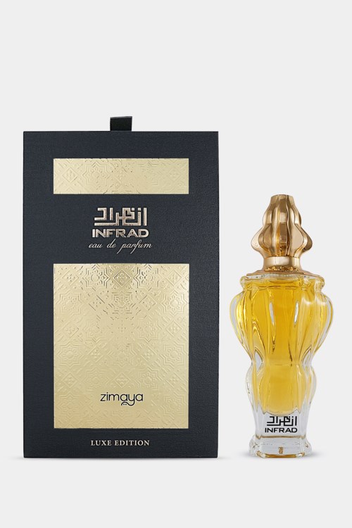 Een parfumfles naast een zwarte doos met gouden accenten, gemarkeerd "INFAD Zimgaya Luxe Edition."
