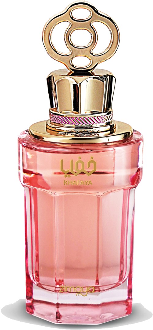 En rosa glassparfymeflaske med gull- og rosa lokk, med en dekorativ topp med løkker og rund design.