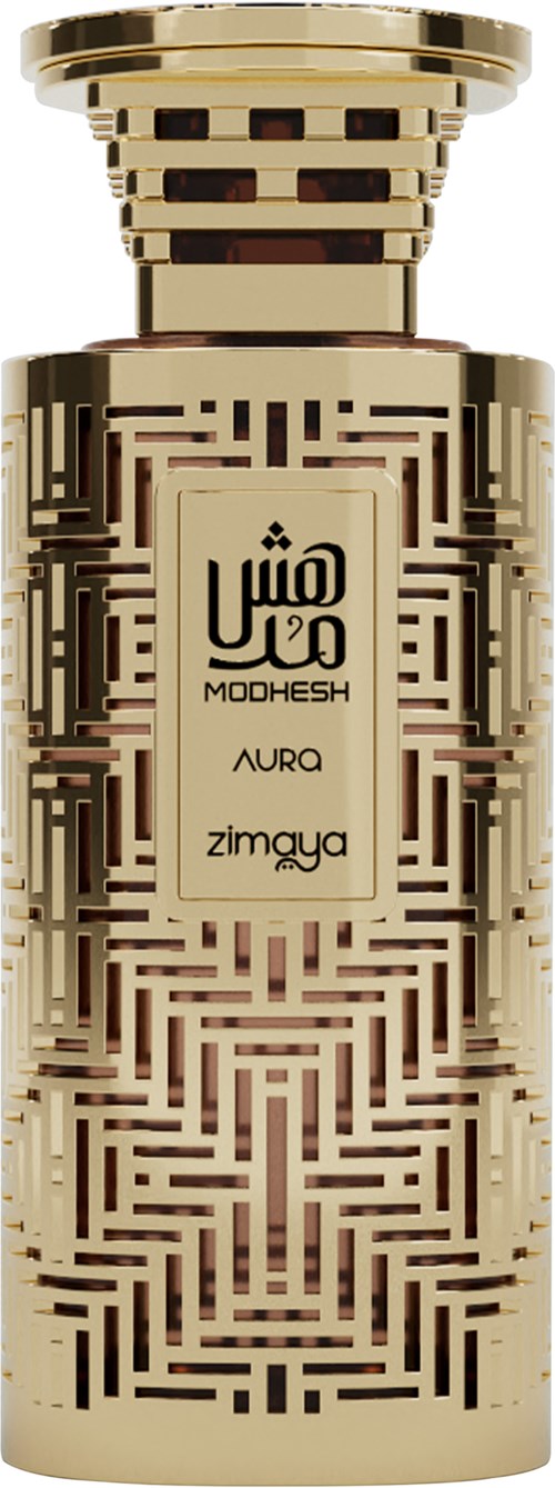 Een gouden parfumfles met ingewikkelde zwarte geometrische patronen en een label met zowel Arabisch als Engels tekst.