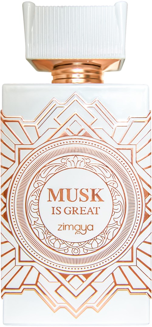 En hvit parfymeflaske med et intrikat brunt geometrisk mønster og teksten "MUSK IS GREAT" og "zimaya."