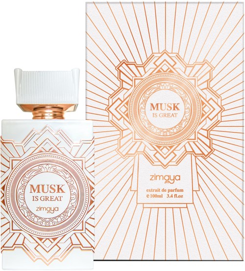 En parfymeflaske og eske med oransje geometriske mønstre, flasken har en hvit kork og etikett som sier 'Musk is Great.'
