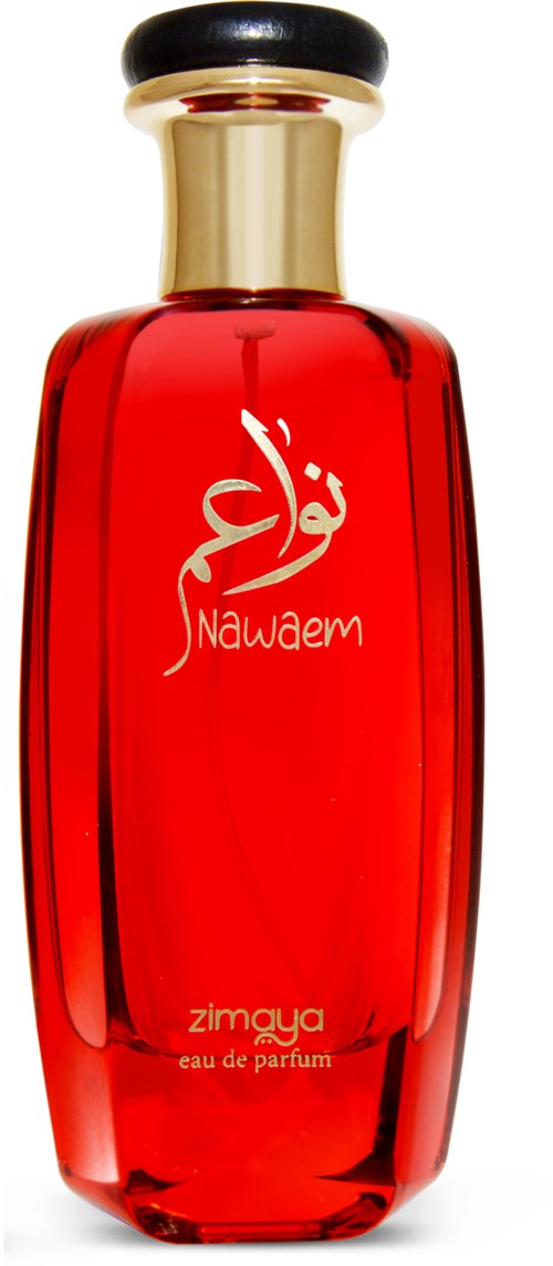 Rode parfumfles met gouden dop, gemarkeerd Nawarem, Zimayg en Eau de Parfum.