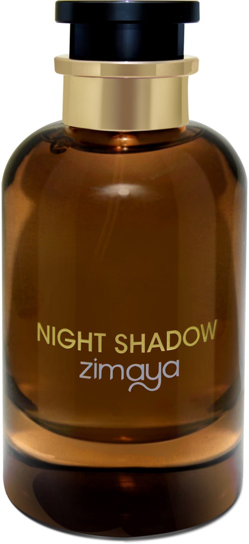 En brun flaska med svart och guld lock märkt Night Shadow Zimaya, troligen en parfym eller essens.