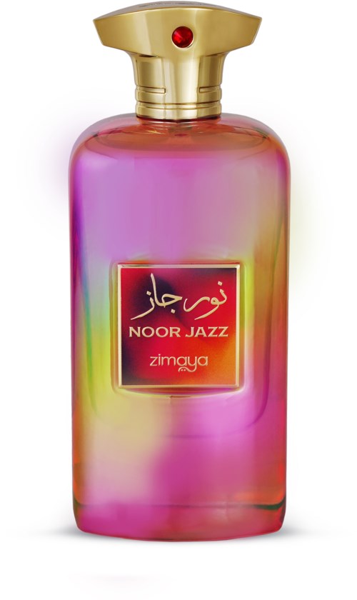 Färggfylld parfyllik med guldkork och röd etikett, kallad Noor Jazz Zimaya.