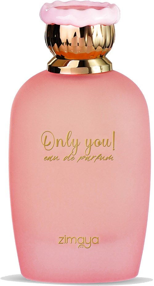 Lyse rosa parfymeflaske med gulldetaljer, rosa kork, og teksten "Only you! eau de parfum" på.