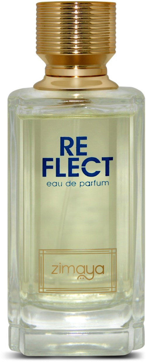 En klar parfymeflaske med gullaktig lokk og blå og gull tekst, merket 'REFLECT' og 'z issue'.