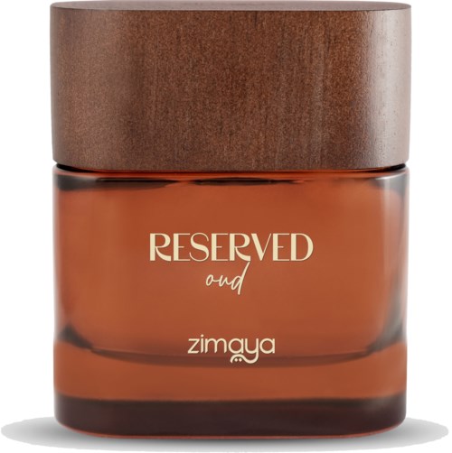 Een kleine bruine glazen pot met houten deksel, gemarkeerd als 'RESERVED Oud' en 'Zimaya'.