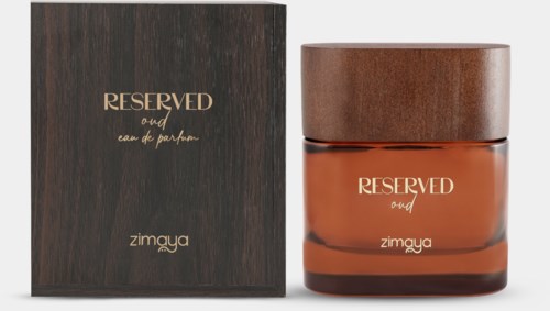 Bruine parfumfles met bijpassend houttextuurdoosje, gelabeld "RESERVED" en "zimaya", elegant en eenvoudig ontwerp.
