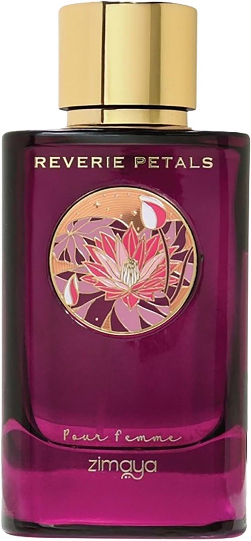 En lilla parfymeflaske med gullhette, dekorert med en lotusblomst, merket 'Reverie Petals' og 'Pour Femme'.