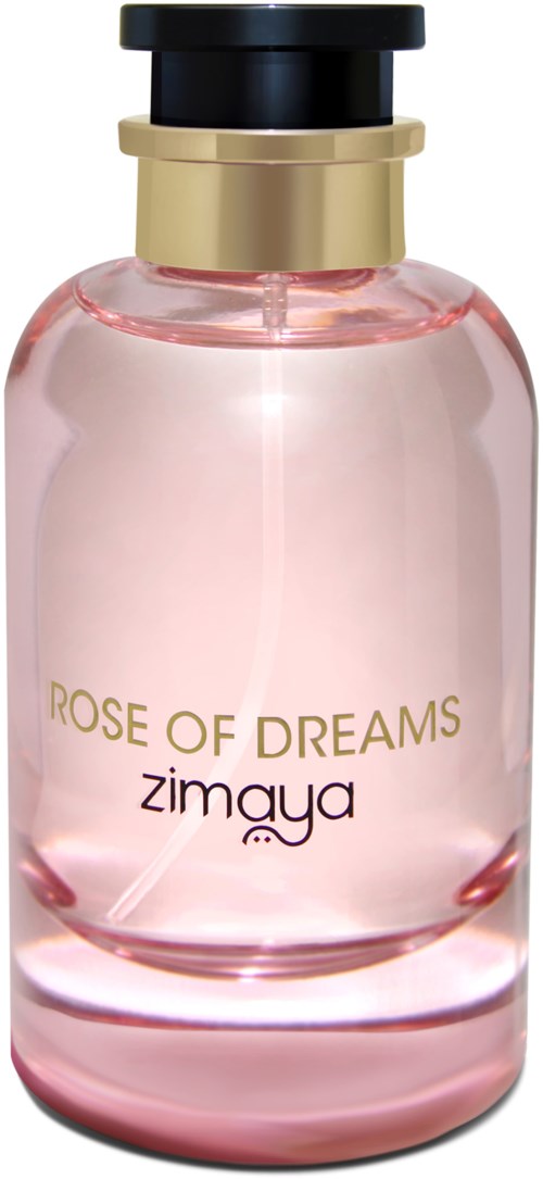 En rosa parfymeflaske med svart og gull kork, merket 'Rose of Dreams' av Zimaya.