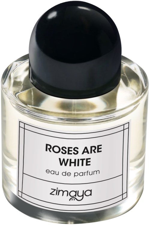 En liten, klar parfymeflaske merket "Roses Are White" med svart lokk.