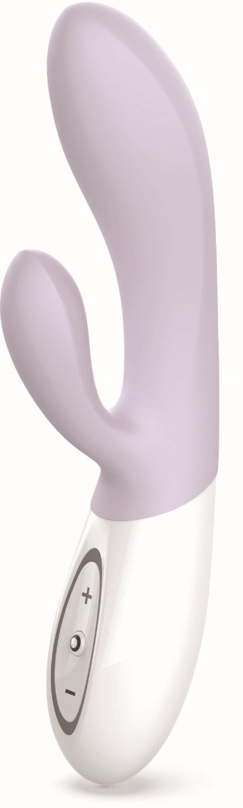 Ein weißes und lavendelcoloredes Gerät mit Bedienelementen an der Unterseite, wahrscheinlich ein Massagegerät oder Vibrator.