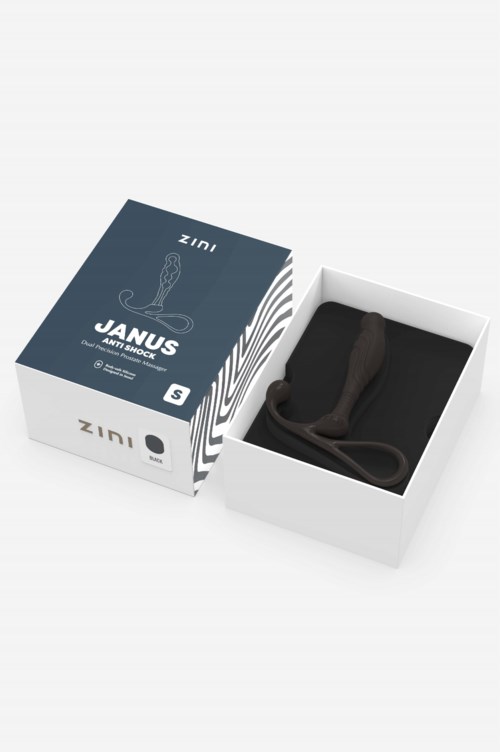 Eine Schachtel mit 'JANUS' enthält einen schwarzen Gurt mit Clip, als BDSM-Spielzeug. Die Box hat einen blauen Deckel mit Logo.