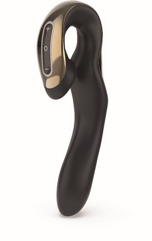 Ein schwarzer und goldener kabelloser Bluetooth-Kopfhörer mit gebogenem Design und Steuerungstasten am Ohr.