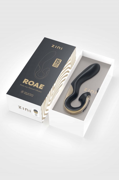 Ein schwarzes, gekrümmtes Erwachsenen-Spielzeug in einer Schachtel mit der Aufschrift 'ROAE' von ZINI, elegantes Verpackungsdesign.