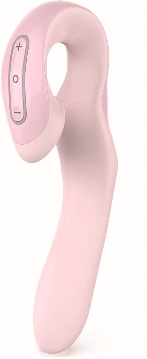 Ein pinkes, gebogenes persönliches Massagegerät mit Kontrollknöpfen, für Komfort.