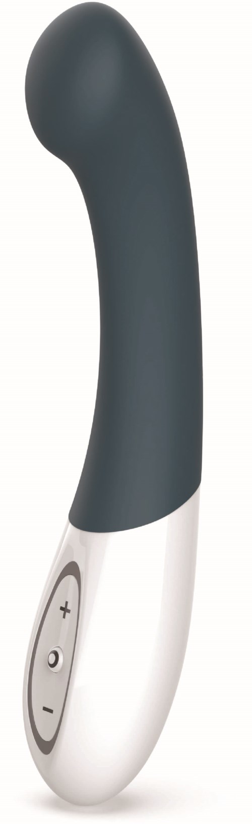 Ein schlankes, ergonomisches Gerät mit Knöpfen, wahrscheinlich ein persönlicher Masseur oder Vibrator, in Schwarz und Weiß.