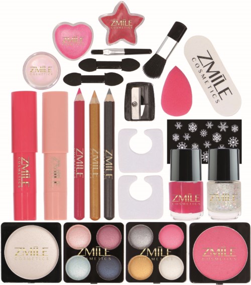 En samling av rosa, vita och glitteriga makeupprodukter, inklusive läppstift, ögonskuggor, borstar och svampapplikatorer.