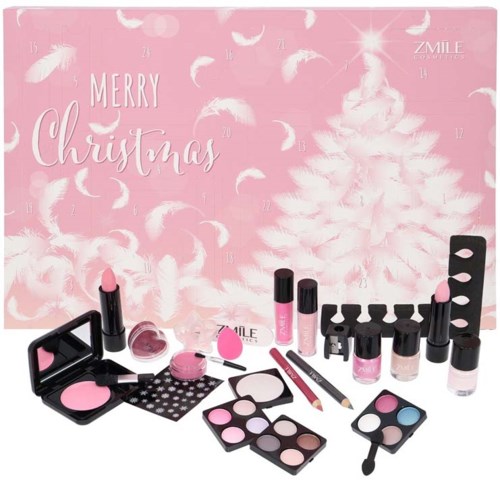 Lätt att se makeup-produkter i rosa och svart, inklusive läppstift, ögonskuggor, nagellack och borstar på en rosa bakgrund.