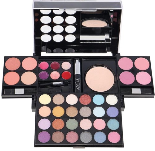 Een make-up palette met meerdere kleuren blush, oogschaduw en een spiegel in een zwarte behuizing.