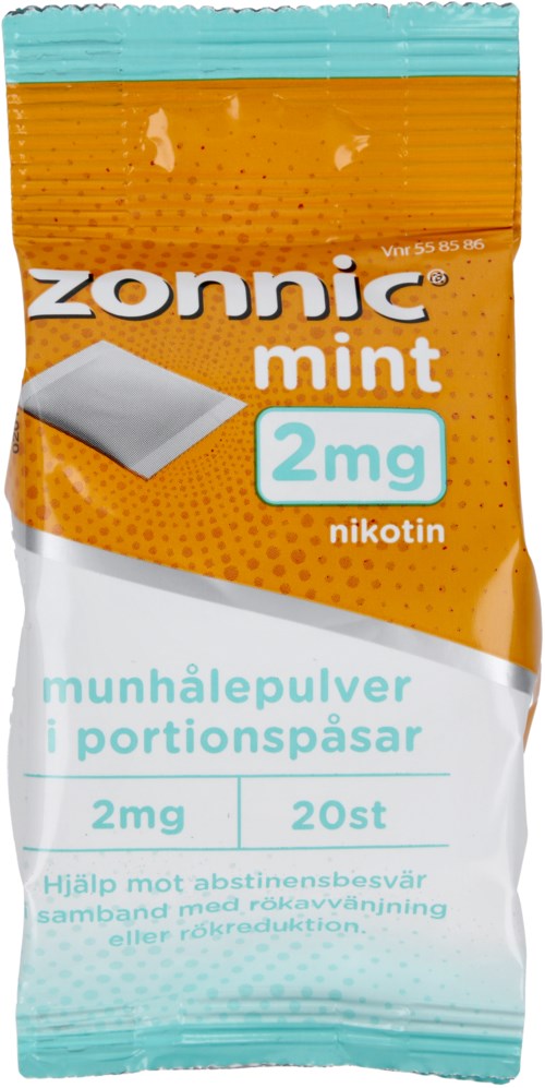 En liten orange och vit förpackning märkt Zonnic Mint med 2 mg nikotin för att sluta röka.