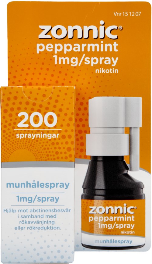 En box och sprayflaska för Zonnic pepparmint nikotinspray, med orange och vit förpackning och 200 spray har skrivits.