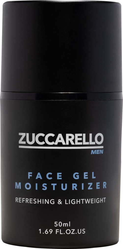 Een zwarte fles met ZUCCARELLO Men Face Gel Moisturizer, 50ml, verfrissend en licht.