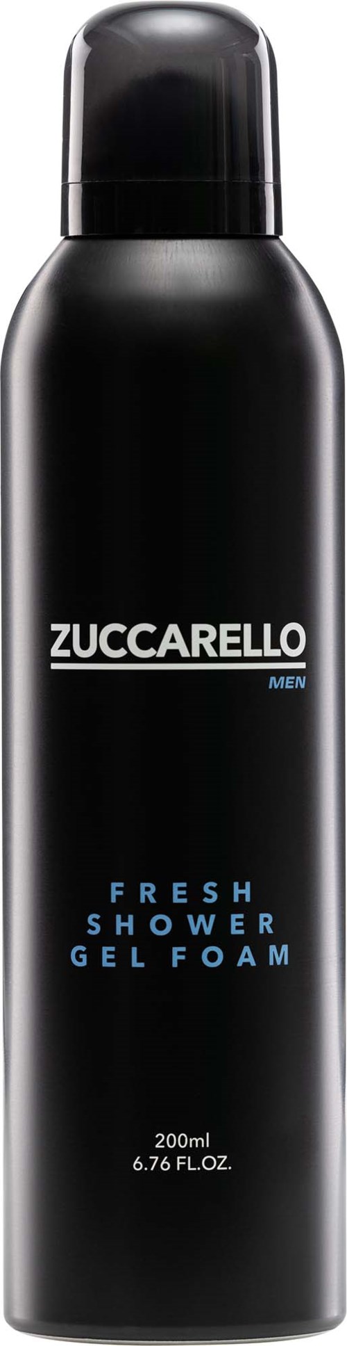 Zwarte fles met ZUCCARELLO MEN-label, beschrijft frisse douche schuim, 200ml capaciteit.