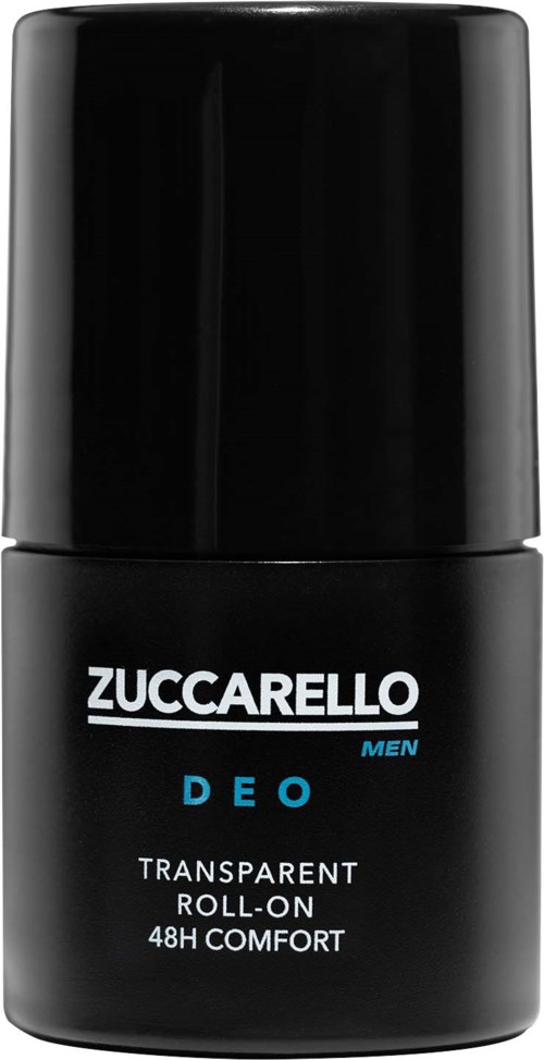Een zwarte roller deodorantfles met een zwarte dop en etiket met witte en blauwe tekst.