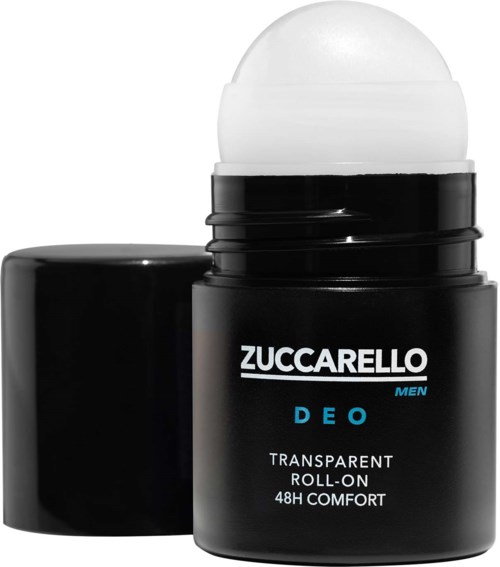Een zwarte roll-on deodorant met een witte bolkoppakking, voor mannen, 48 uur comfort.