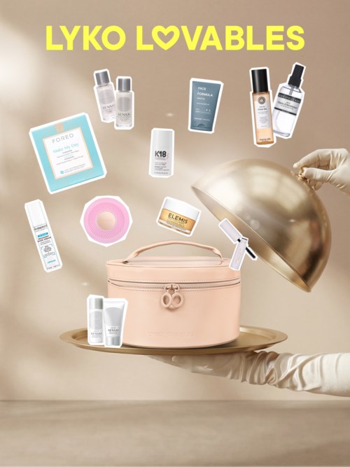 A pink bag with skincare products and a hand lifting a gold dome cover, with the words Lyko Lovables above.