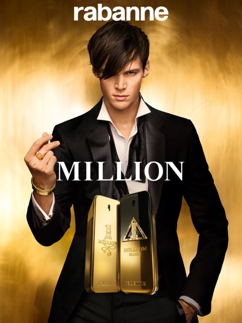 Young man in a black suit holds gold bars, with a gold background and text about a million euros.