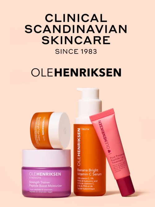 Logo for Clinical Scandinavian Skincare featuring Ole Henriksen products with peach-colored background.