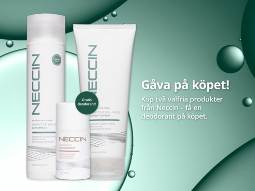 Neccin schampo, balsam och deodorant visas med ett erbjudande om två produkter som gåva.