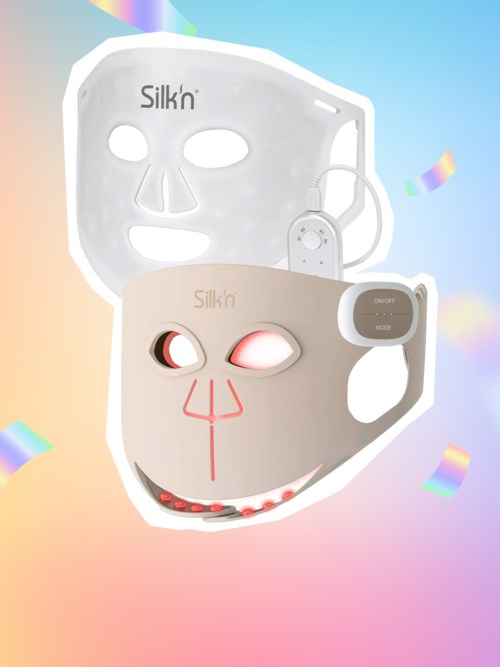 Silk'n ansiktsmasker med ljus och söta ansiktsdrag mot en regnbågsfärgad bakgrund.