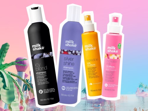 Fyra flaskor schampo och spray, färgglada etiketter, placerade på en rosa och blå bakgrund med tropiska växter.