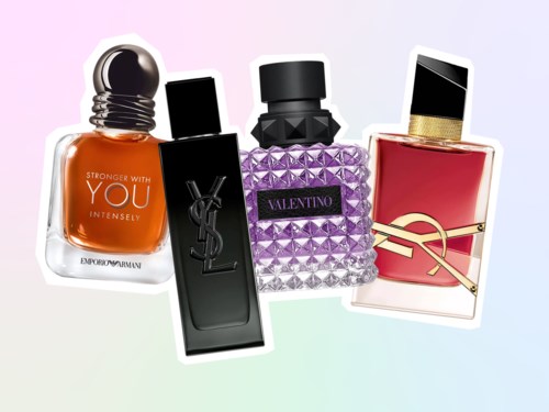 Fyra parfymflaskor med olika former, färger och märkesnamn som Yves Saint Laurent och Valentino.