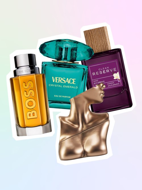 Tre parfymflaskor och en guldfärgad mannekengosedel. Flaskorna är från Boss, Versace och Clean Reserve.