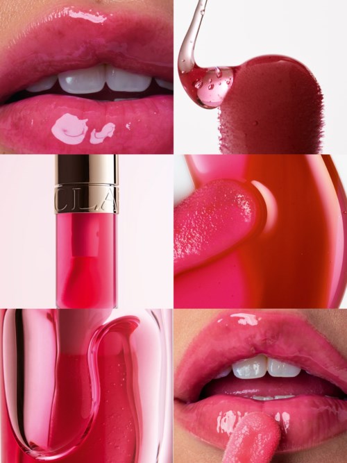 Collage av läppar med rosa gloss, en borste som applicerar läppglans, och ett läppstift.
