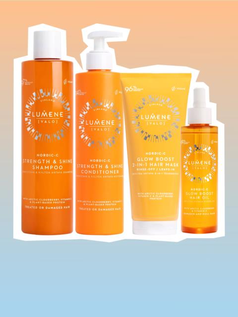 Four orange bottles and tubes of Lumene skincare products, including shampoo, conditioner, face mask, and serum, against a pink and blue gradient background.