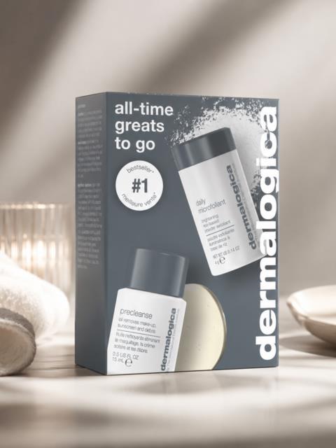 Skincare set with two Dermalogica products, one in a bottle and one in a tube, on a soft white surface.