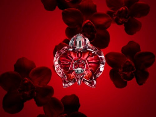 En parfymflaska formad som en röd ängel med vingar, omgiven av röda blomblad på en röd bakgrund.