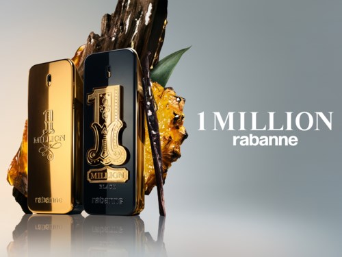 Två parfyllfyllare, en guldfärgad och en svart, med en ananas och blad bakom dem, och text som säger 1 MILLION rabanne.