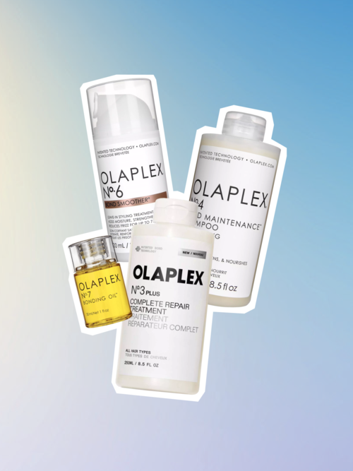 Fyra OLAPLEX-hårvårdsflaskor och en liten OLAPLEX-olja mot en blå och beige gradientbakgrund.