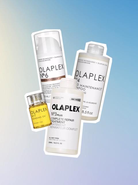 Fyra OLAPLEX-hårvårdsflaskor och en liten OLAPLEX-olja mot en blå och beige gradientbakgrund.
