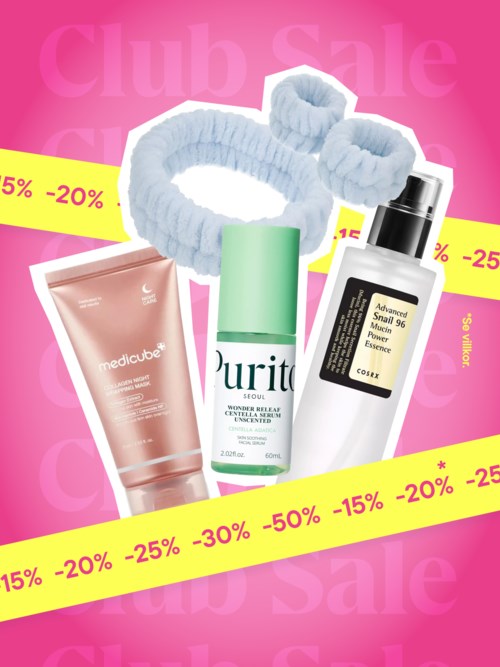 Kosmetiska produkter och tillbehör med rabattlappar på rosa bakgrund.