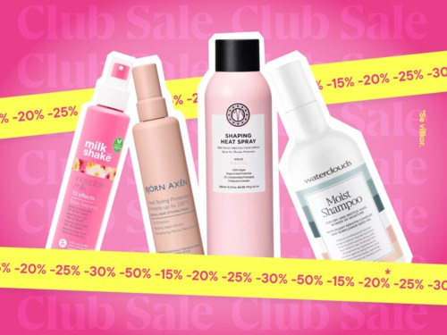 Fyra hårvårdsprodukter, inklusive en rosa sprayflaska, en beige sprayflaska, ett rosa värmeskydd och ett vitt schampo.