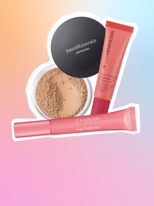 Kosmetiska produkter inklusive puder i svartvitt fodral och rosa läpp- och ansiktsskyddsrör.